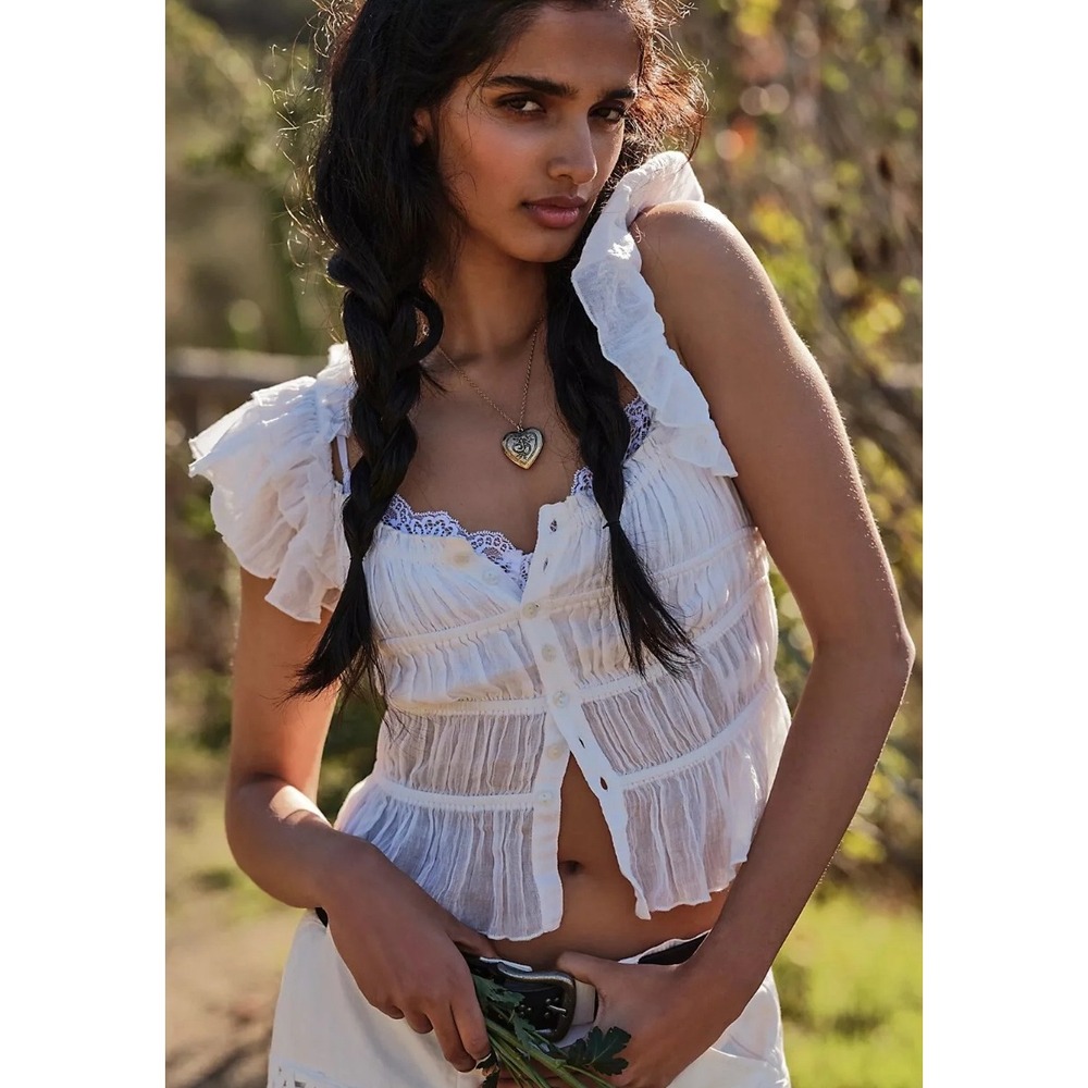 Free People FP One Aletta Crop Top Women Small White Ruffle Boho Fairycore